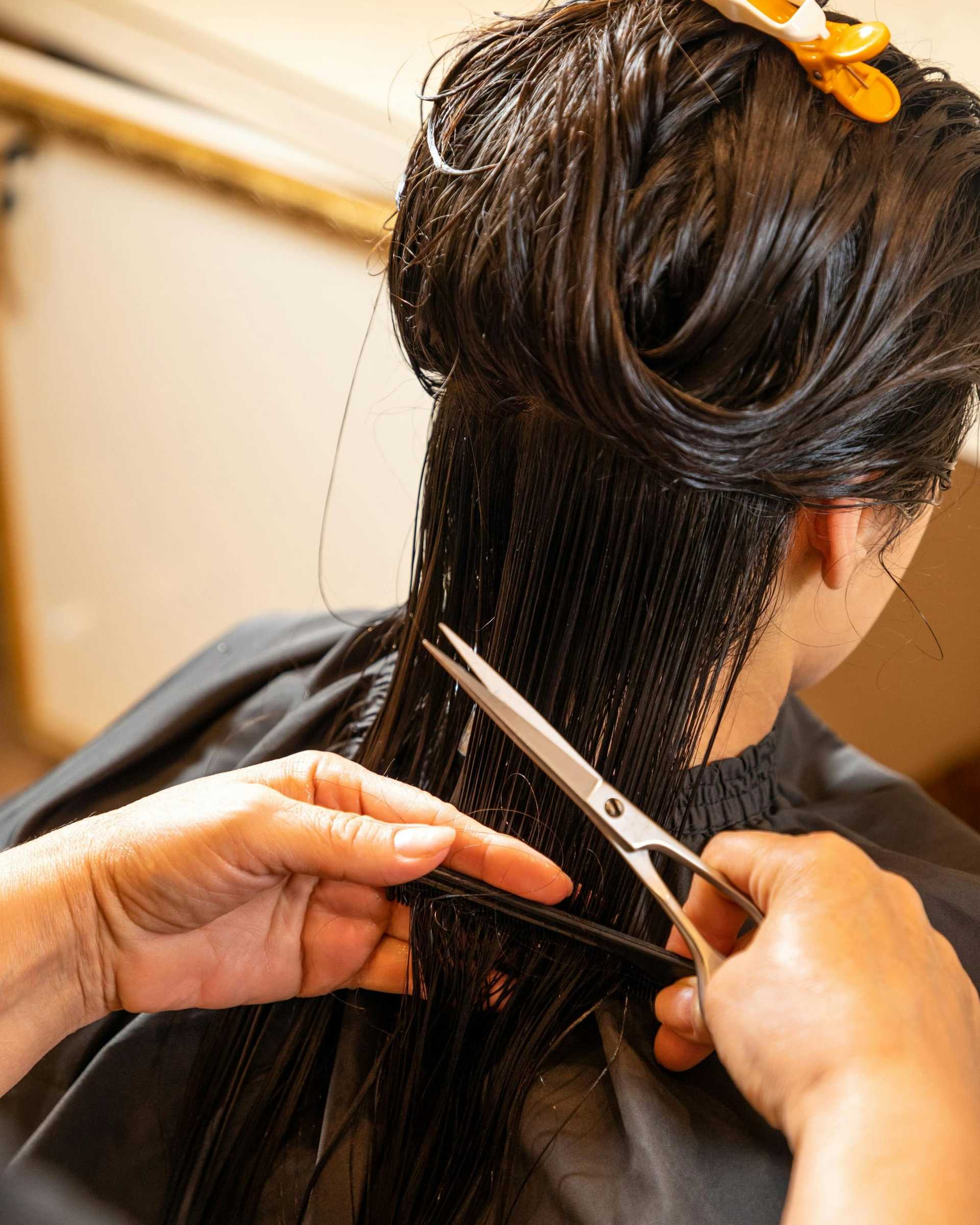 Hairdresser trimming person's wet hair in a salon, using scissors and a comb.